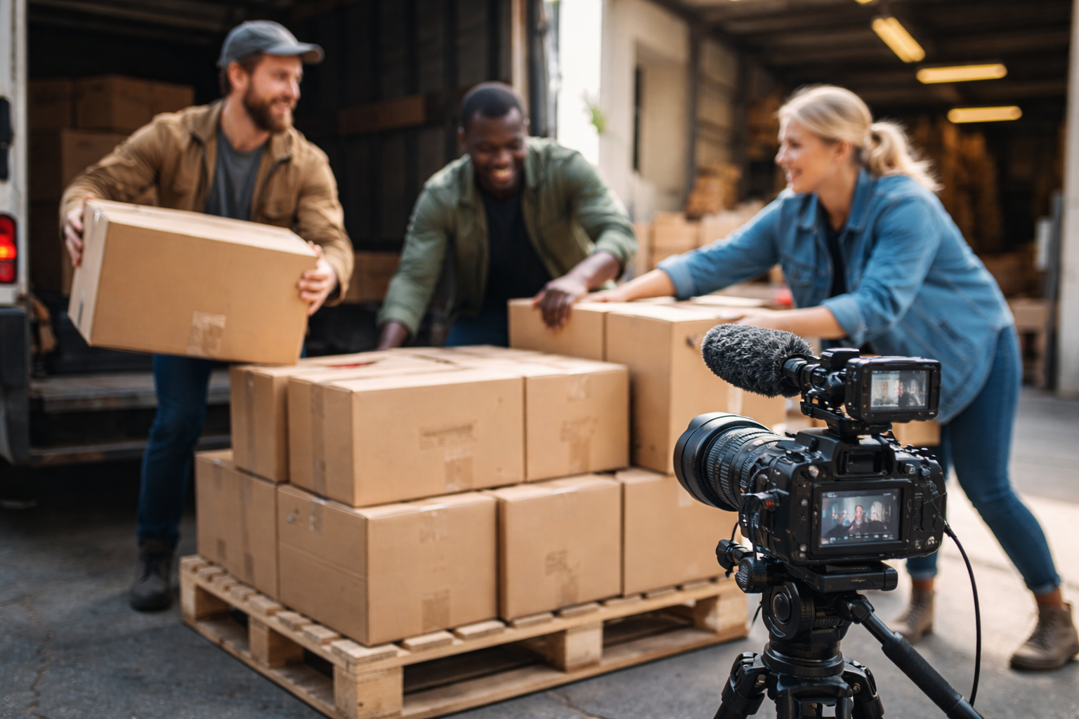 Brand video production — camera crew filming a team at work